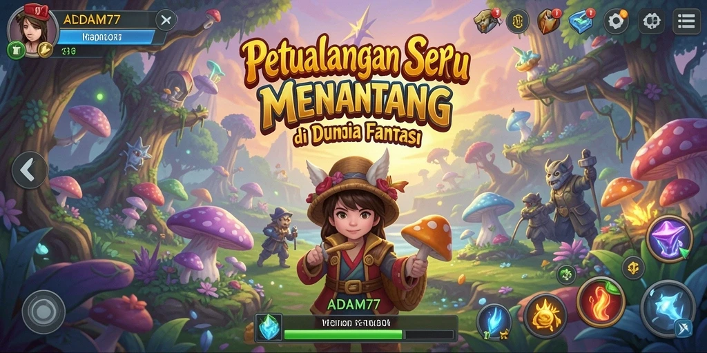 Screenshot utama ADAM77 menampilkan aksi seru di dunia petualangan.