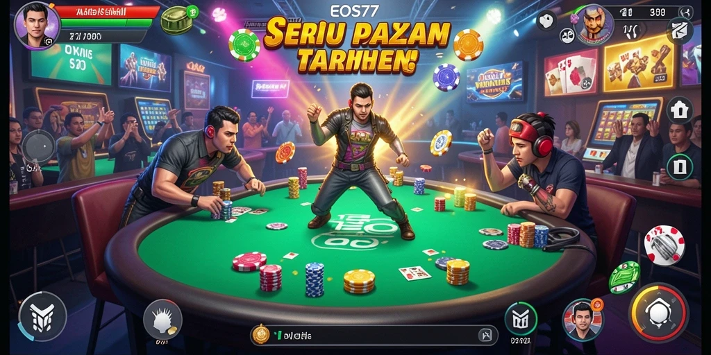 Screenshot utama EOS77 menampilkan aksi seru dalam pertempuran yang intens.