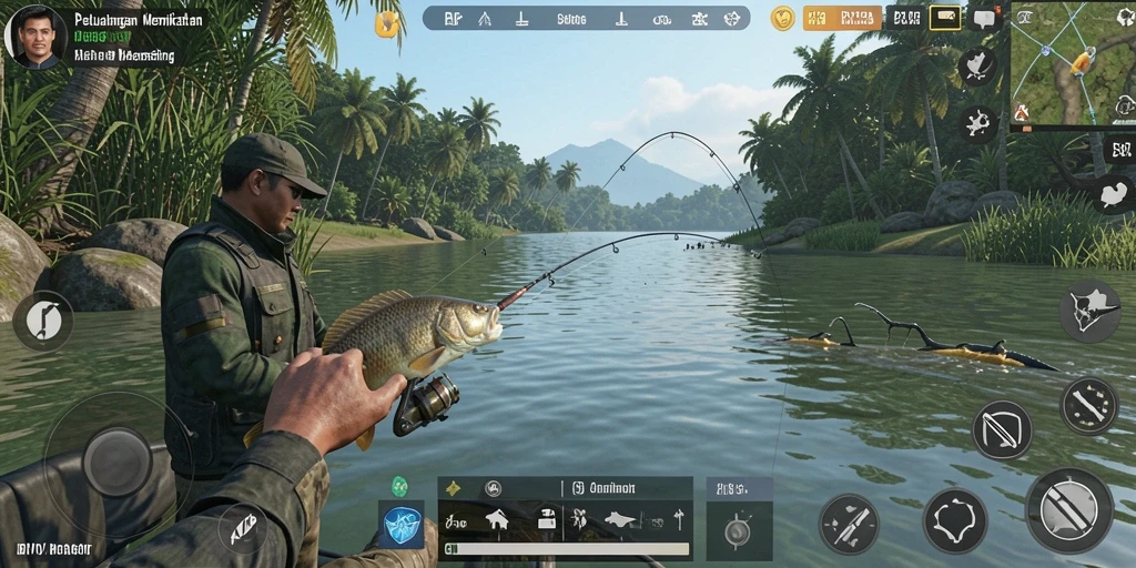 Screenshot gameplay dari RVIP menampilkan aksi memancing yang penuh warna.