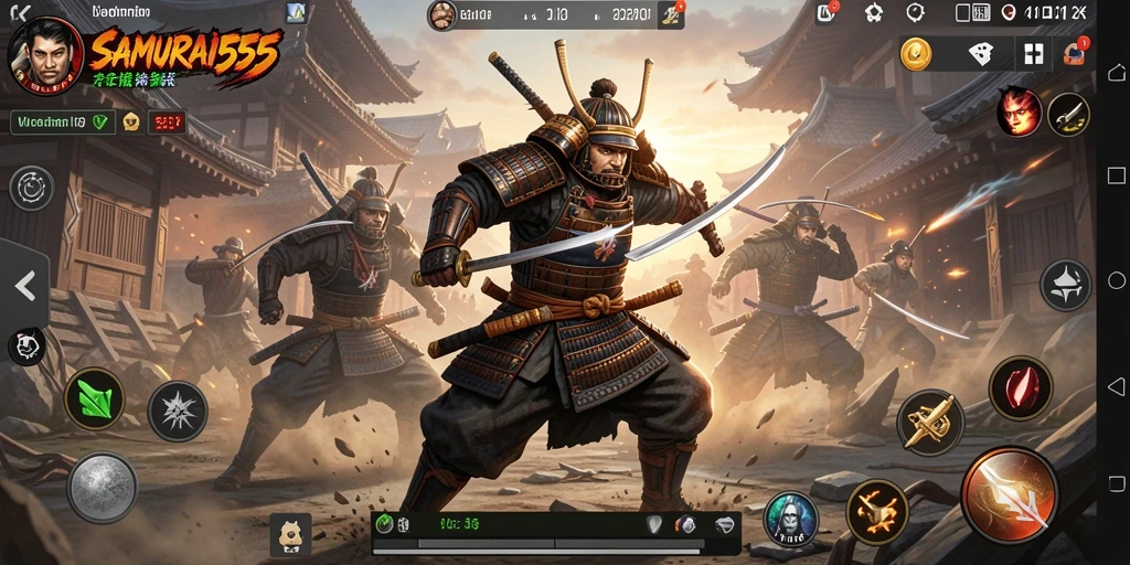 Gameplay seru dalam SAMURAI555 dengan duel samurai yang mendebarkan.