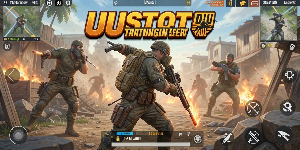 Tangkapan layar utama UUSTOTO menampilkan aksi Battle Royale yang memukau.