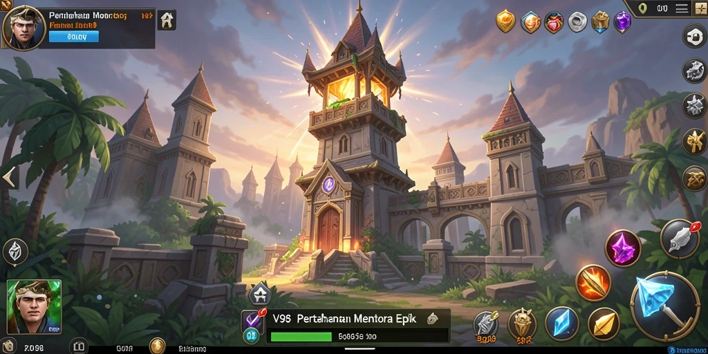 Tampilan permainan V98 dengan menara pertahanan yang strategis.