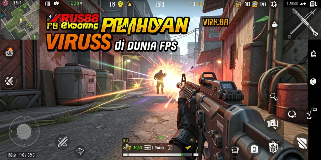 Screenshot gameplay VIRUS88 menampilkan pertempuran FPS yang intens.